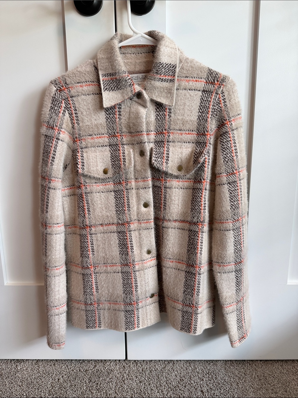 Rachel Zoe Beige Plaid Teddy Shacket with Coral & Gray Accents